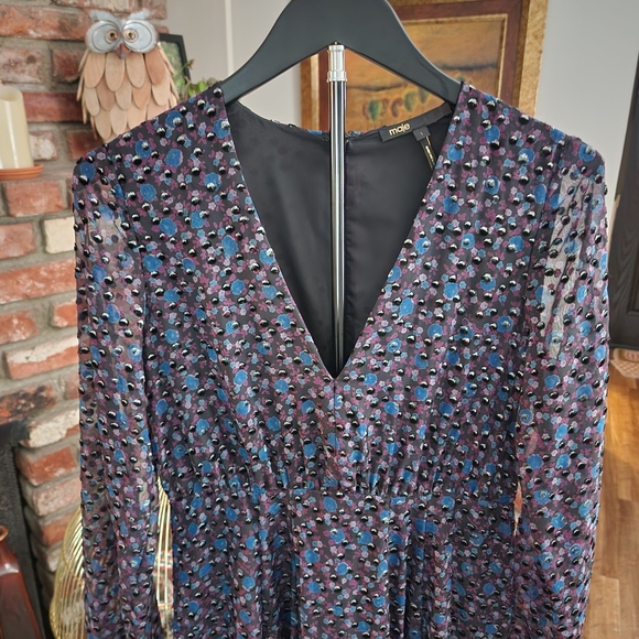 Maje Ravena Printed Midi Dress Long Sleeve V-Neck Parisian Luxe Soft Academia - Picture 3 of 6